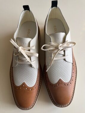 Women’s Cole Haan Two-Tone White and Tan Wingtip Oxfords - this season!